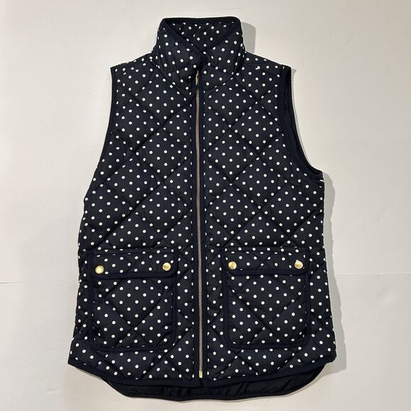 J CREW Quilted Down Puffer Vest Womens XS Insulated Navy White Polka Dots Zip Up - Picture 1 of 12